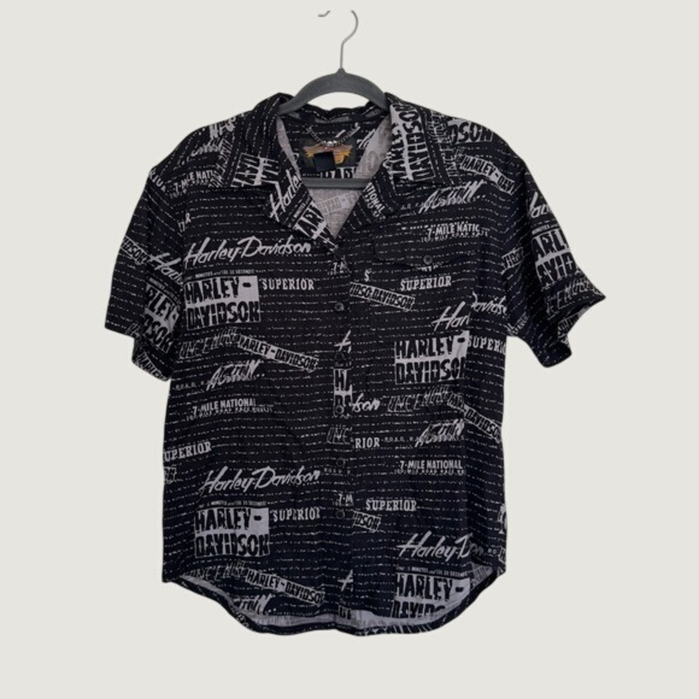Harley Davidson Medium Short Sleeve Button Up Camp Shirt Black and Gray